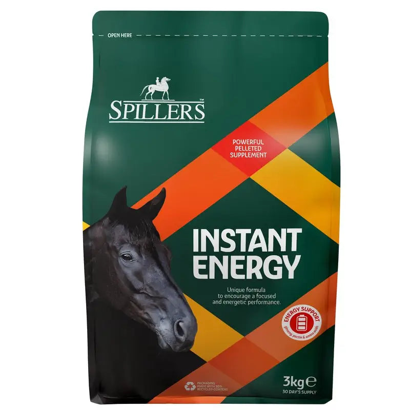 A 3kg bag of spillers instant energy horse supplement with green and orange packaging and a black horse image
