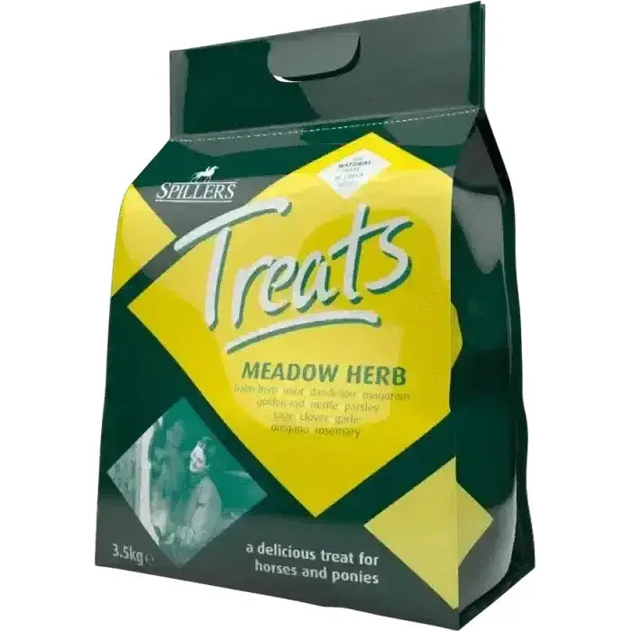 Green and yellow packaged spillers meadow herb horse treats in 3.5kg resealable bag with handle for easy use
