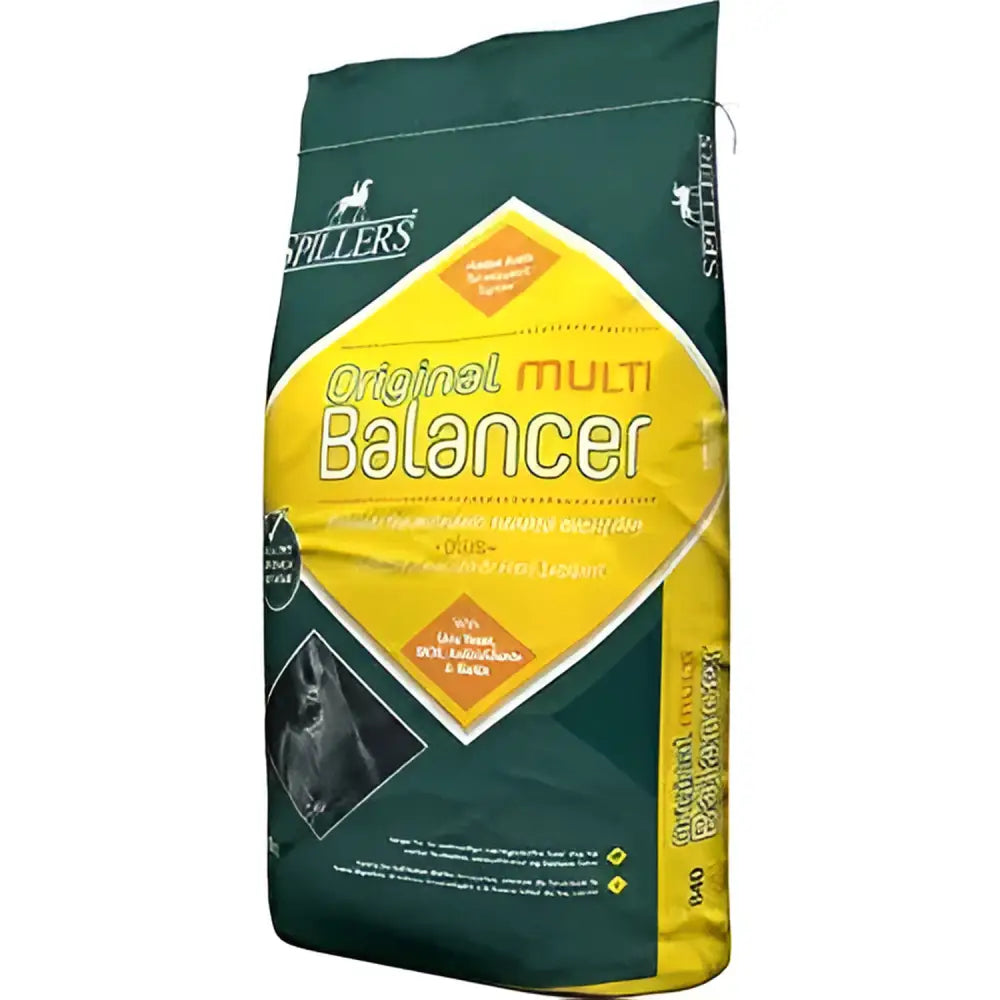 Green and yellow bag of spillers original multi balancer horse feed with chelated trace elements and live yeast