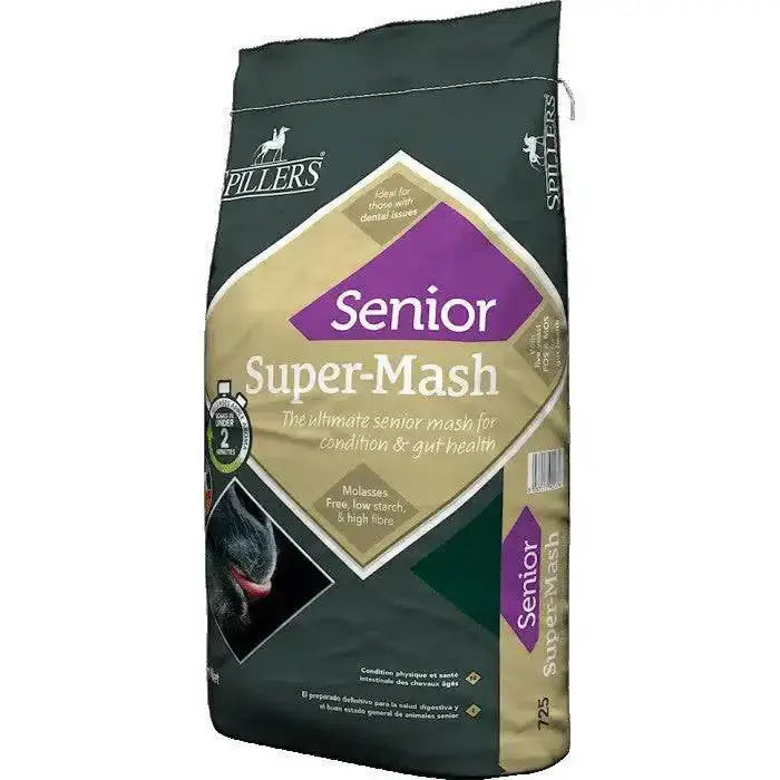 A bag of spillers senior super-mash horse feed in dark green and gold with purple accents for fast soaking
