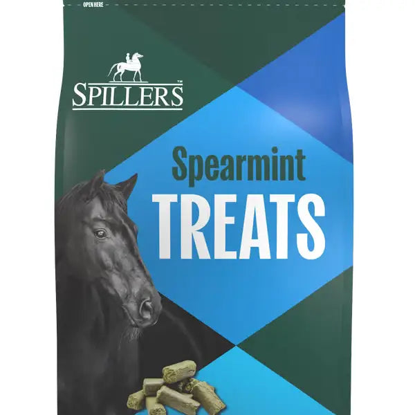 Spillers spearmint horse treats in blue green bag with black horse image offering delicious natural spearmint flavor