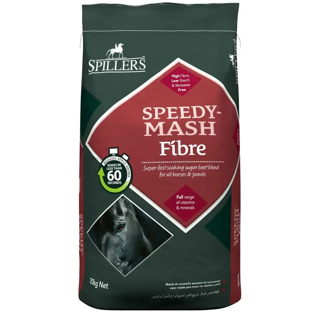 Spillers speedy mash fibre in dark green and red bag with fast soaking sugar beet blend for horses and ponies