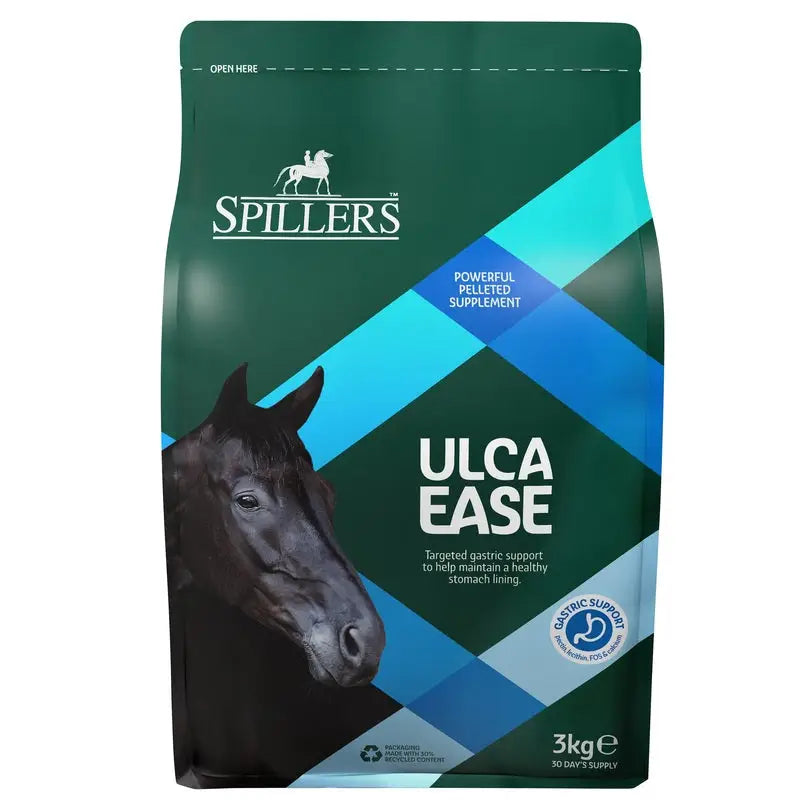 A 3kg bag of green and blue spillers ulca ease supplement pellets featuring a black horse head image