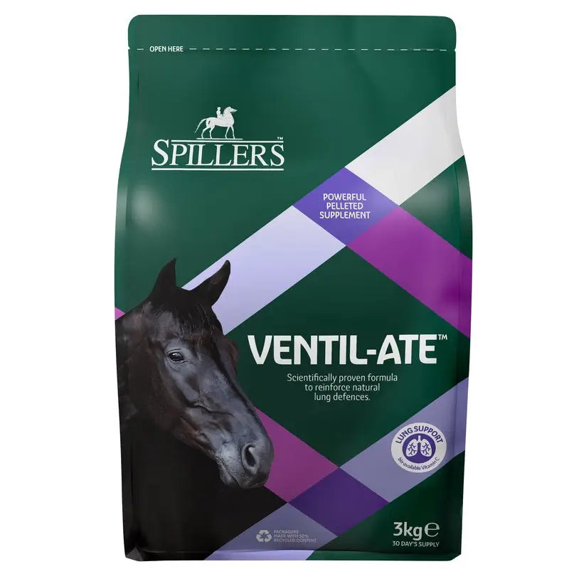 Green and purple patterned bag of spillers ventil-ate respiratory supplement supporting respiratory health 3kg