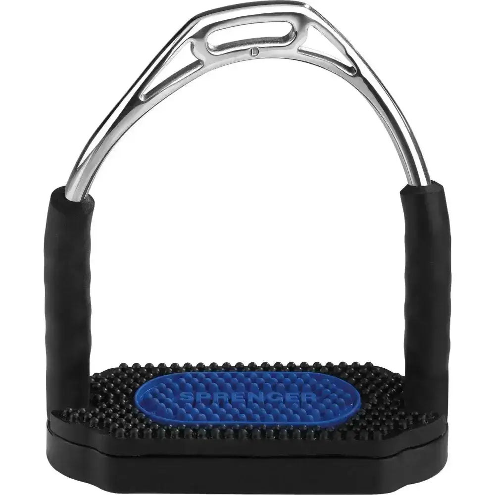 Silver-toned sprenger bow balance safety stirrup with black rubber grips and blue branded insole for balance safety use