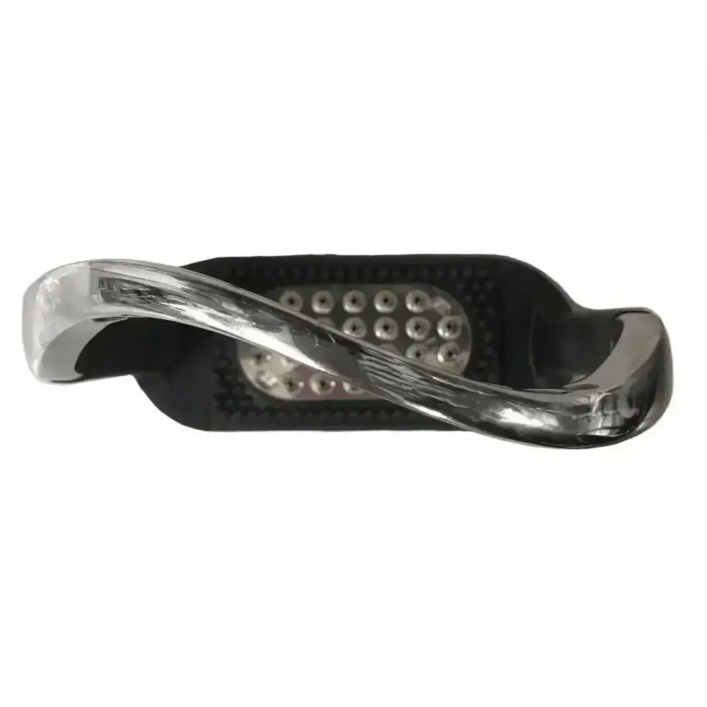 Shiny chrome-plated sprenger flexicite grip stirrup with black rubberized base and small circular indentations