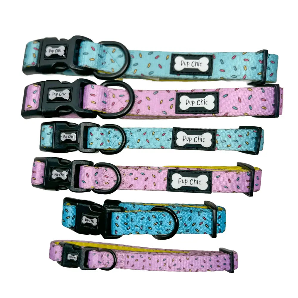 Pastel pink days collar with sprinkle pattern black buckle and pup chic bone tag perfect for stylish pups