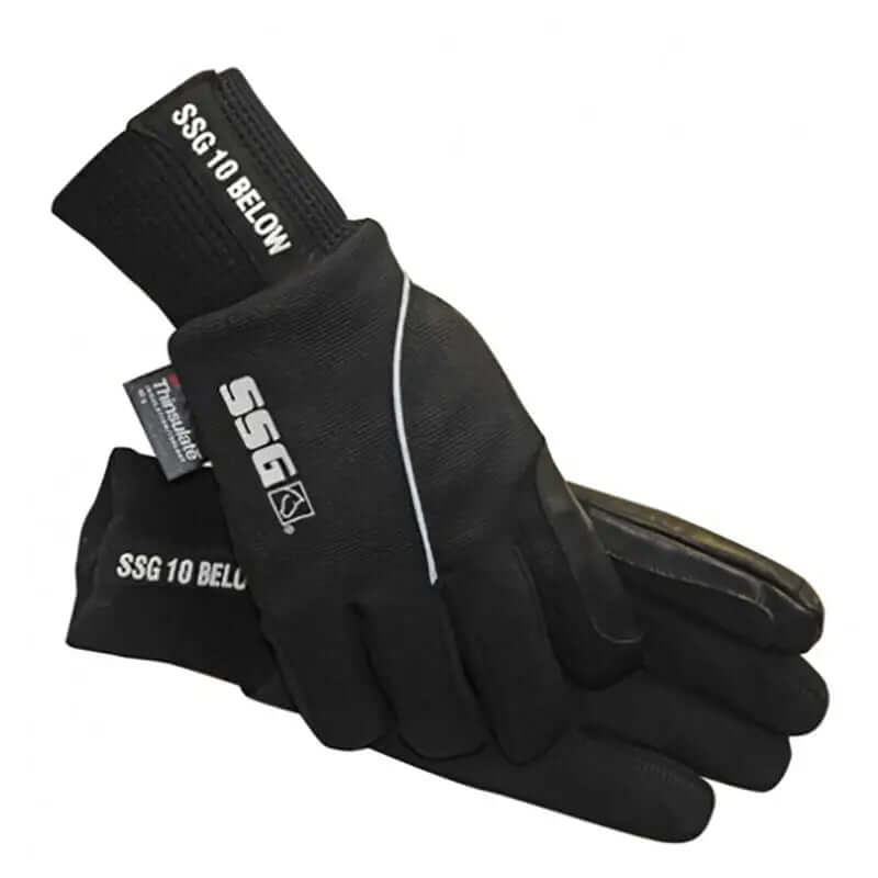 Black ssg 10 below waterproof riding glove style 6400 showing back with reinforced leather fingertips and white logo