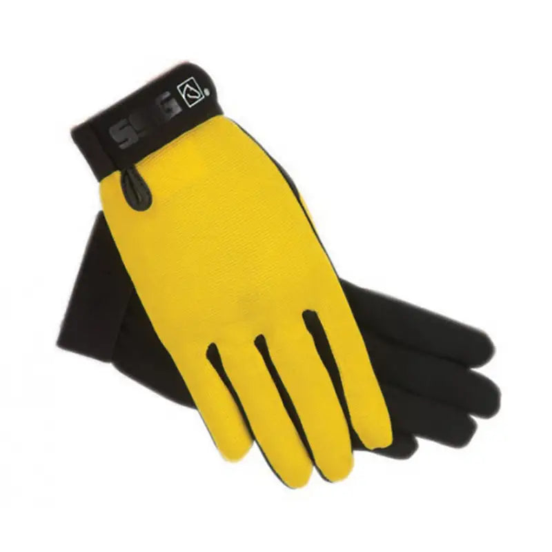 Bright yellow and black sog weather riding gloves with durable fabric construction and logo on the wristband