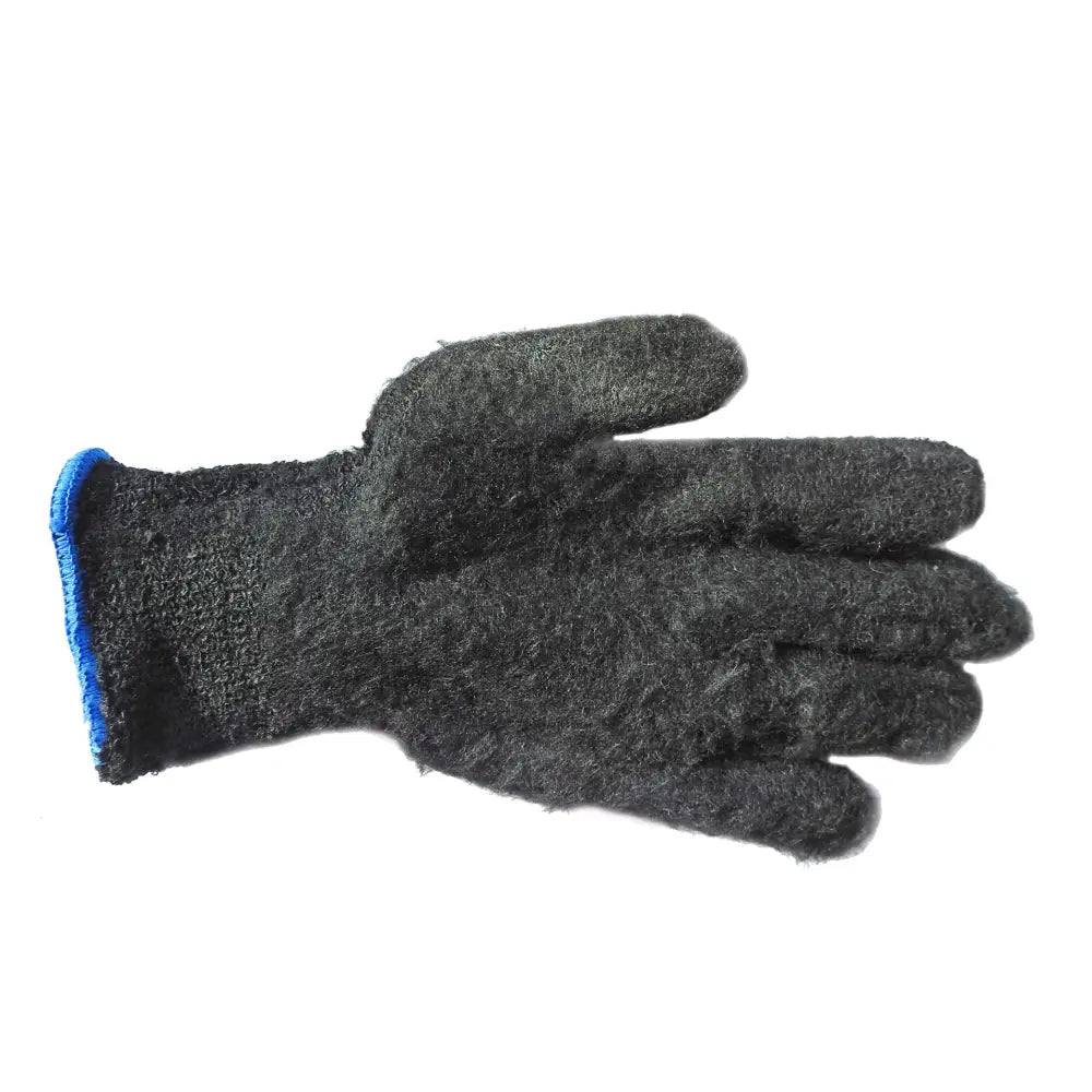 Black textured ssg equestrian lined barn glove with blue cuff shown from the back side for barn work