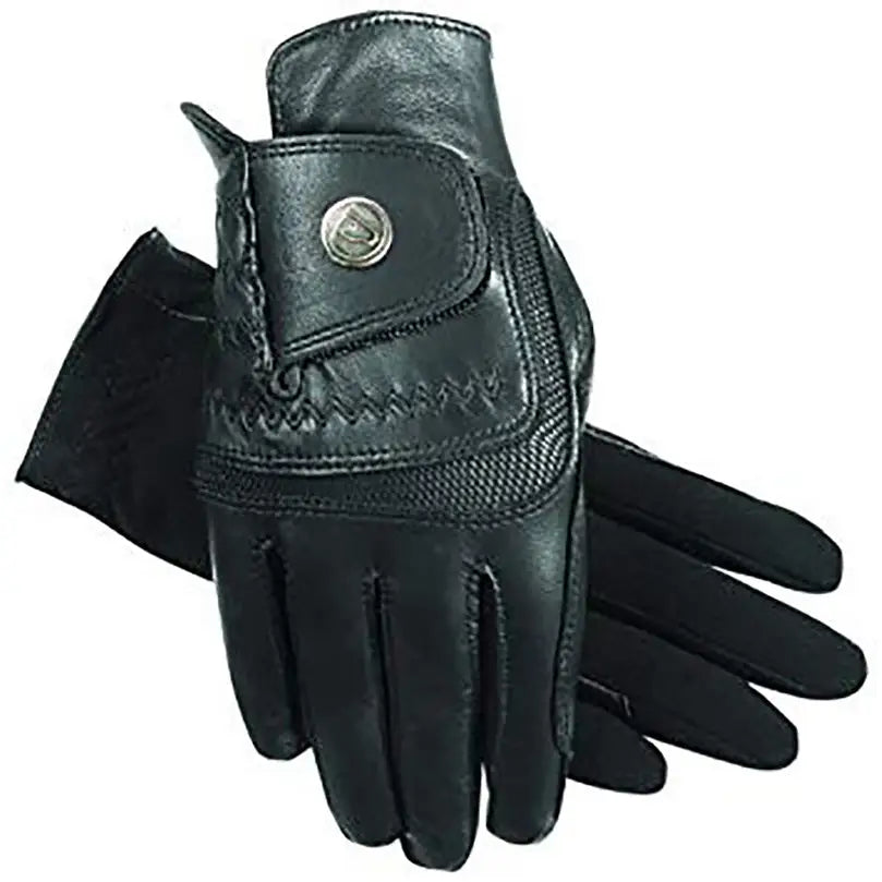 Black leather ssg hybrid glove style 4200 riding gloves with silver button and textured grip panels on wrist strap back view