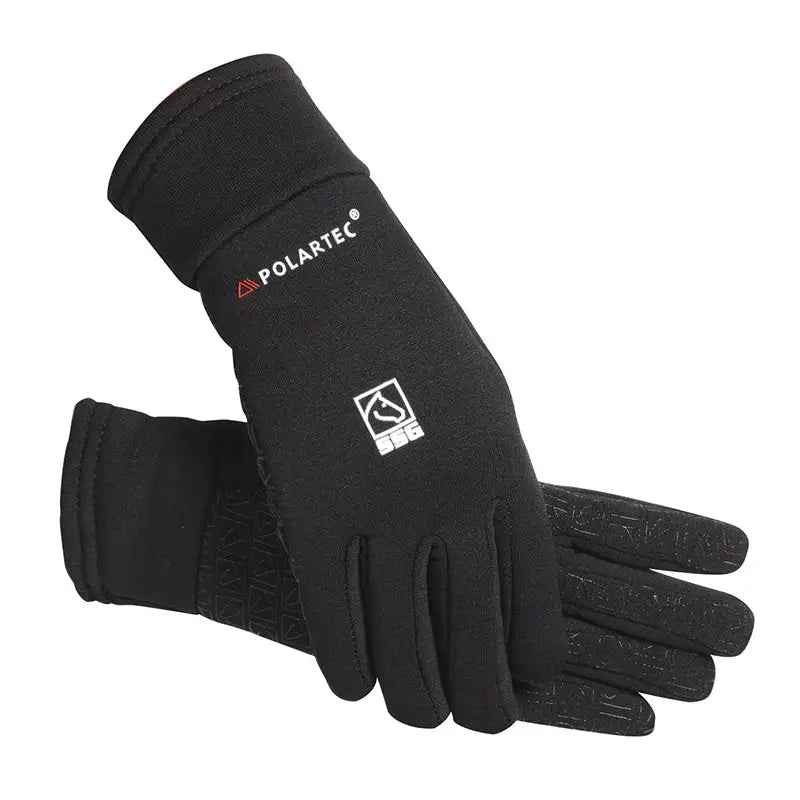 Black ssg polartec grip gloves with textured fingertips and snug wrist cuff ideal for equestrian use