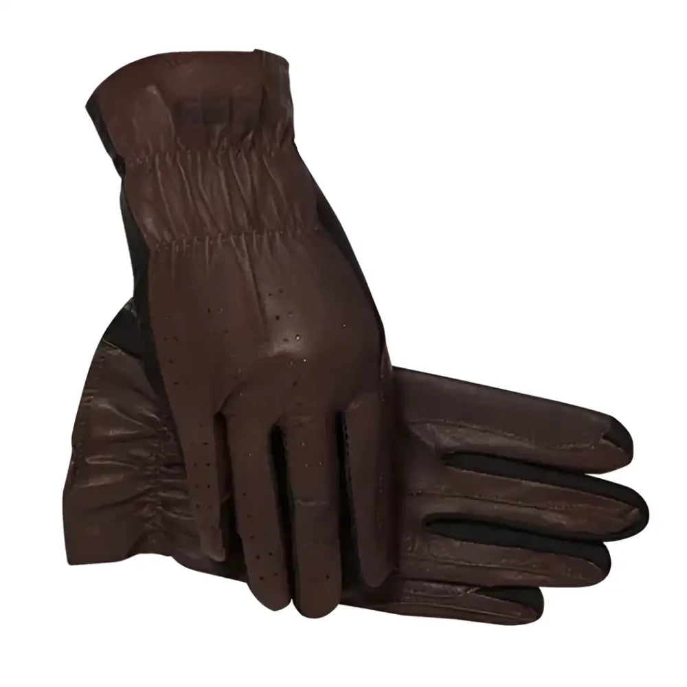 Brown leather ssg pro riding gloves with perforated fingers and elastic cuffs in goatskin style back view