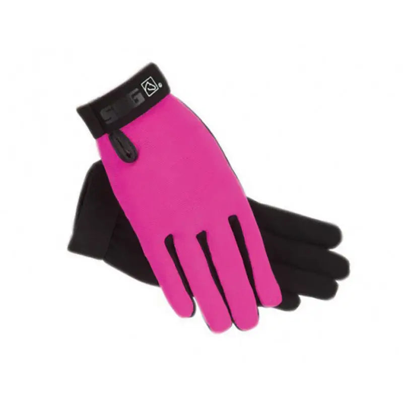 Bright pink and black fleece ssg riding gloves with snug wrist strap for weather childs riding gloves use