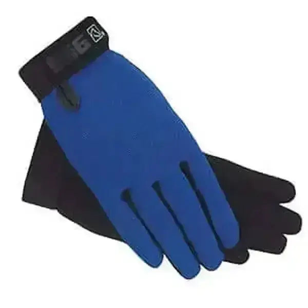 Back of blue and black ssg riding gloves with snug wrist strap perfect for all weather childs riding gloves use
