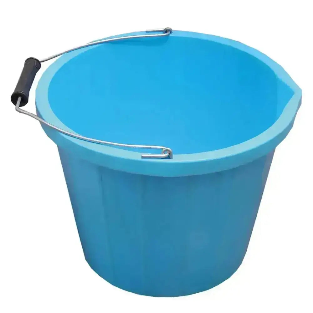Bright blue plastic stable bucket with a black-handled metal wire handle for buckets and bowls use