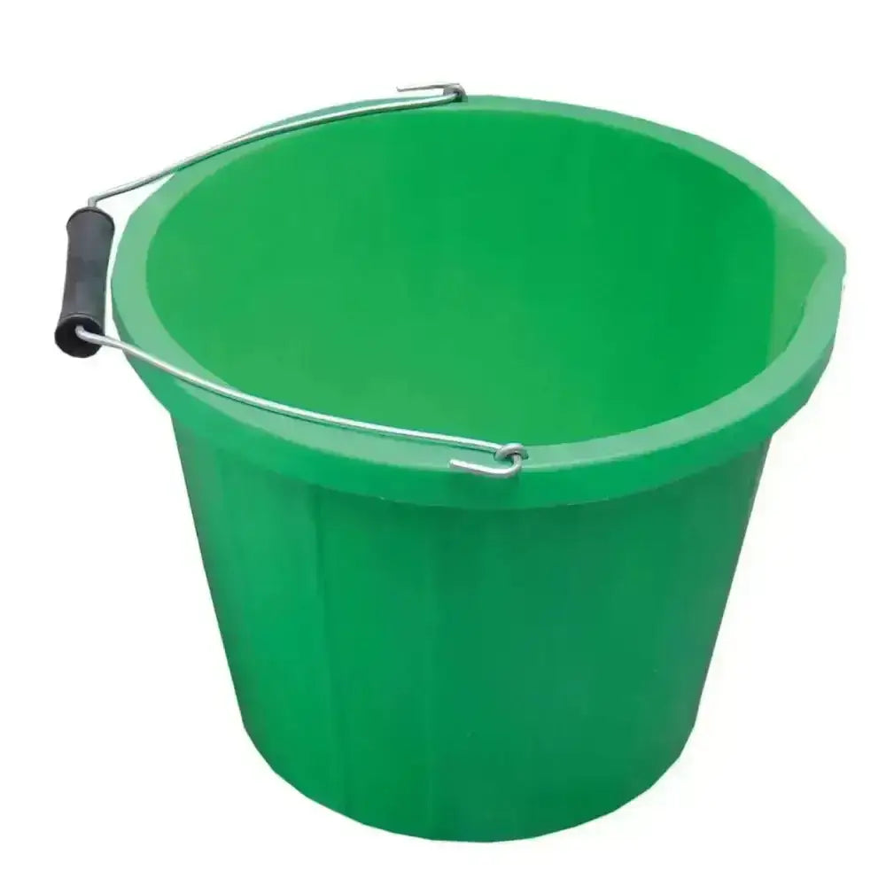 Green plastic stable bucket with a black-gripped metal handle perfect for buckets and bowls use