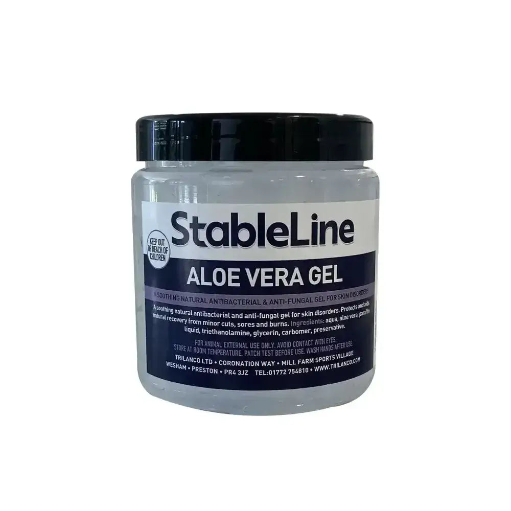 Stableline aloe vera gel in clear plastic jar with black lid and white navy label highlighting soothing natural antibacterial and anti-fungal gel
