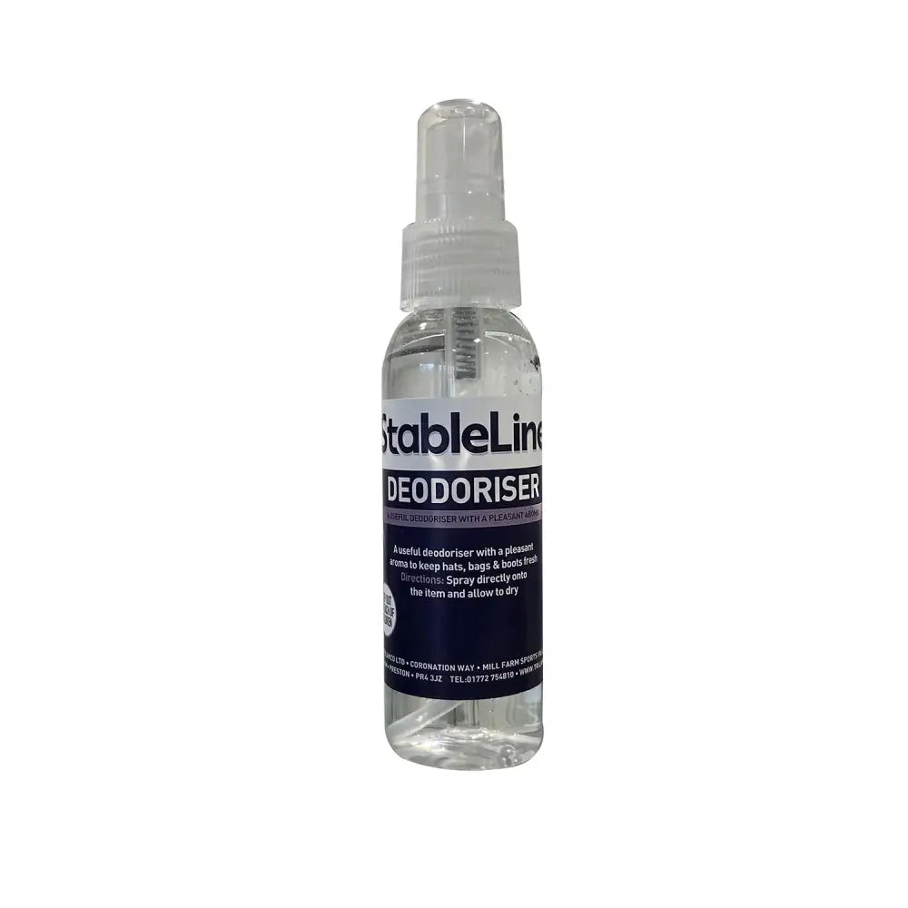 Clear plastic spray bottle stableline deodoriser with white nozzle delivering boots fresh pleasant aroma