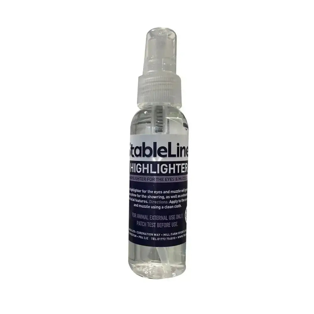 Clear spray bottle of stableline highlighter with transparent liquid for glossy shine on facial features