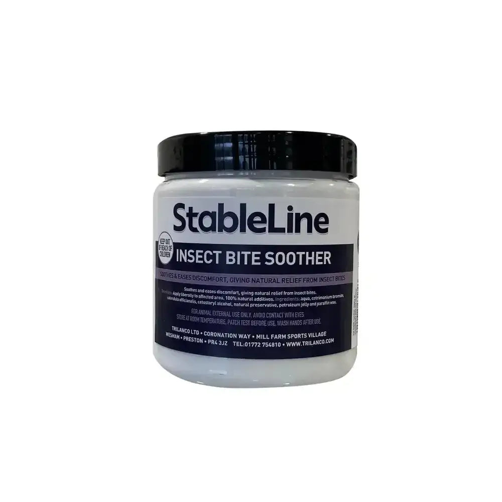 White plastic jar with black lid and stableline insect bite soother label giving natural relief for insect bite irritation