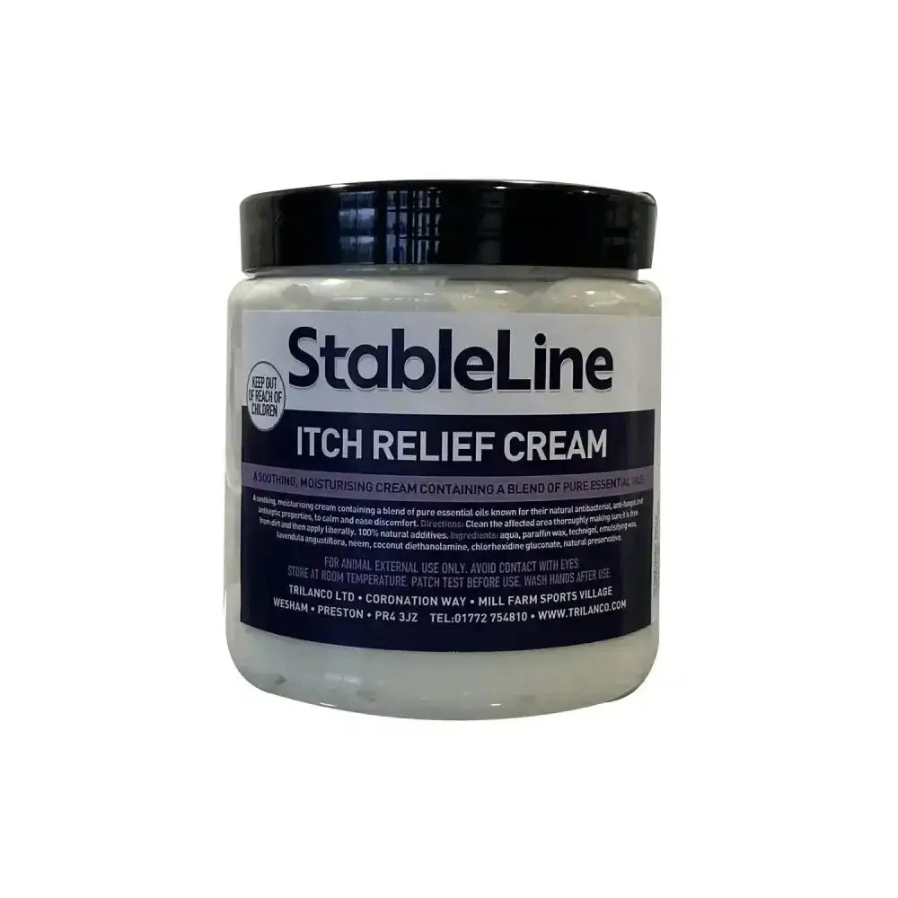Stableline itch relief cream in a clear jar with black lid contains white cream made with pure essential oils for itch relief