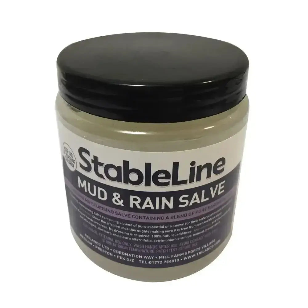 Stableline mud and rain salve in a clear jar with black lid containing light green soothing moisturising salve
