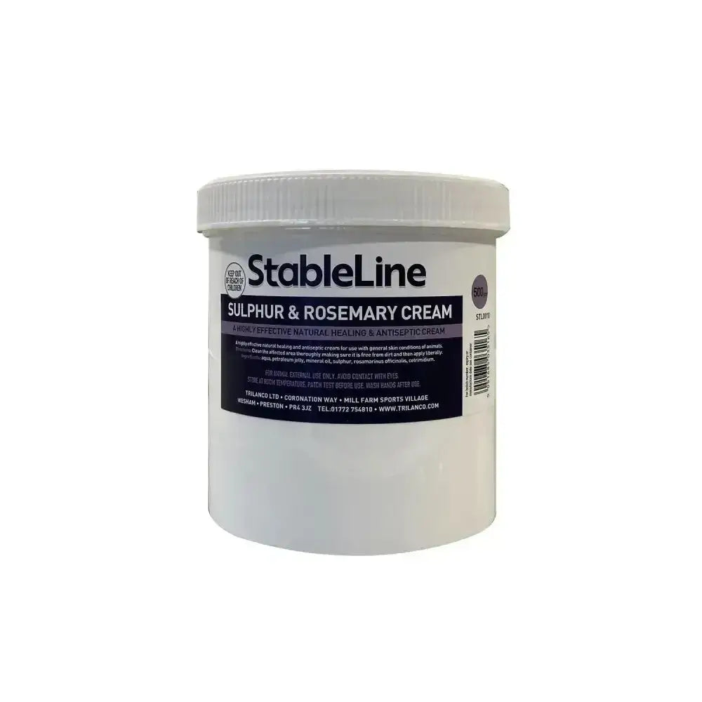 White plastic tub of stableline sulphur and rosemary cream with white lid and dark blue label for skin care