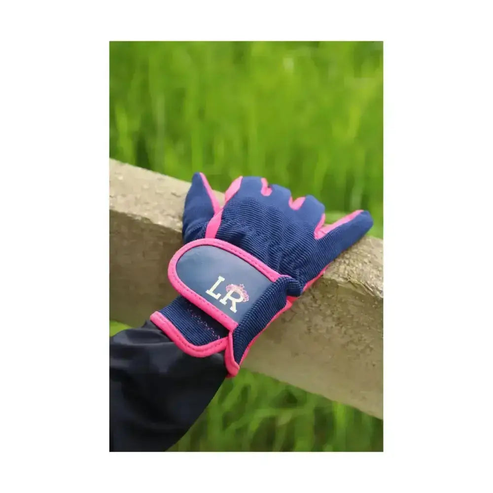 Navy blue and pink stacy children’s riding gloves with velcro strap and embroidered lr logo perfect brilliant glove