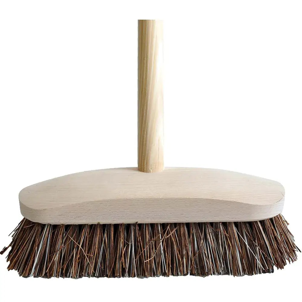 A stiff deck scrub with handle finest stiff dense brown bristles and a 237mm deck scrub wooden handle