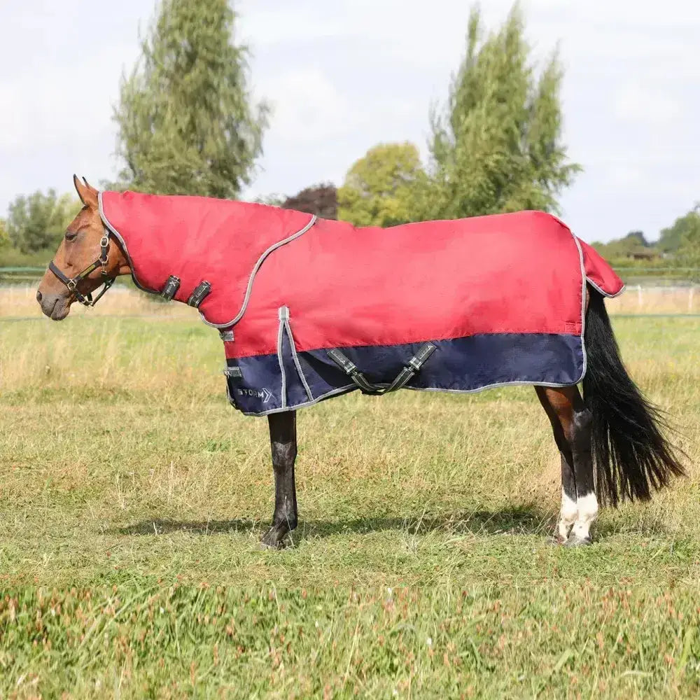 Red and navy blue stormx empra 200 turnout rug with detachable neck and adjustable straps for a secure fit