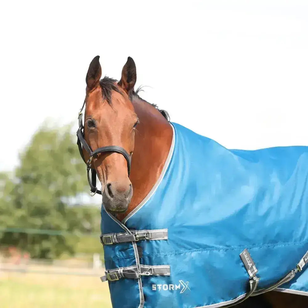 A bright blue stormx empra 50 turnout rug with silver buckles and trim perfect for equestrian use