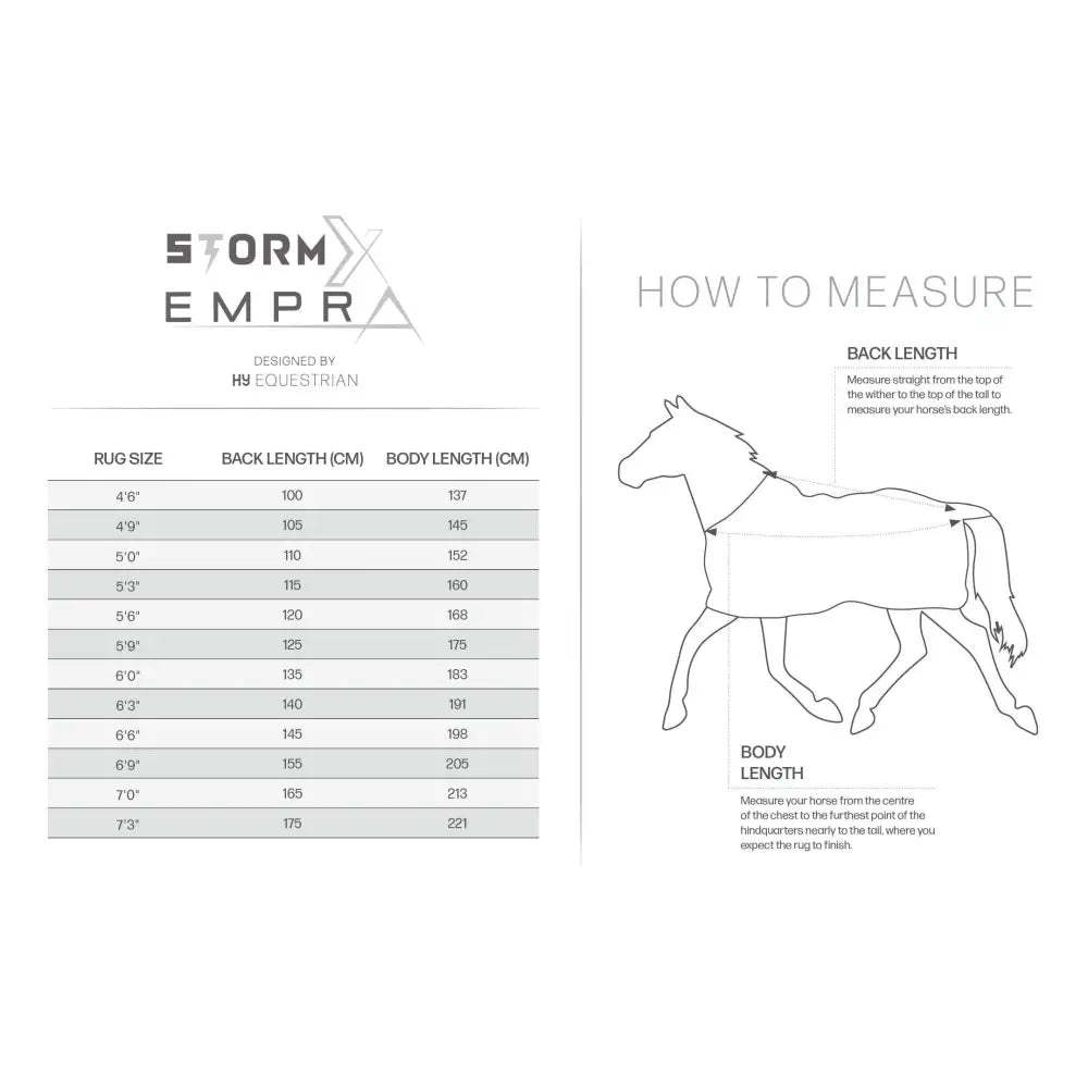 Stormx empra aqua shield fly rug size chart with measurement guide and sizing table for perfect fit