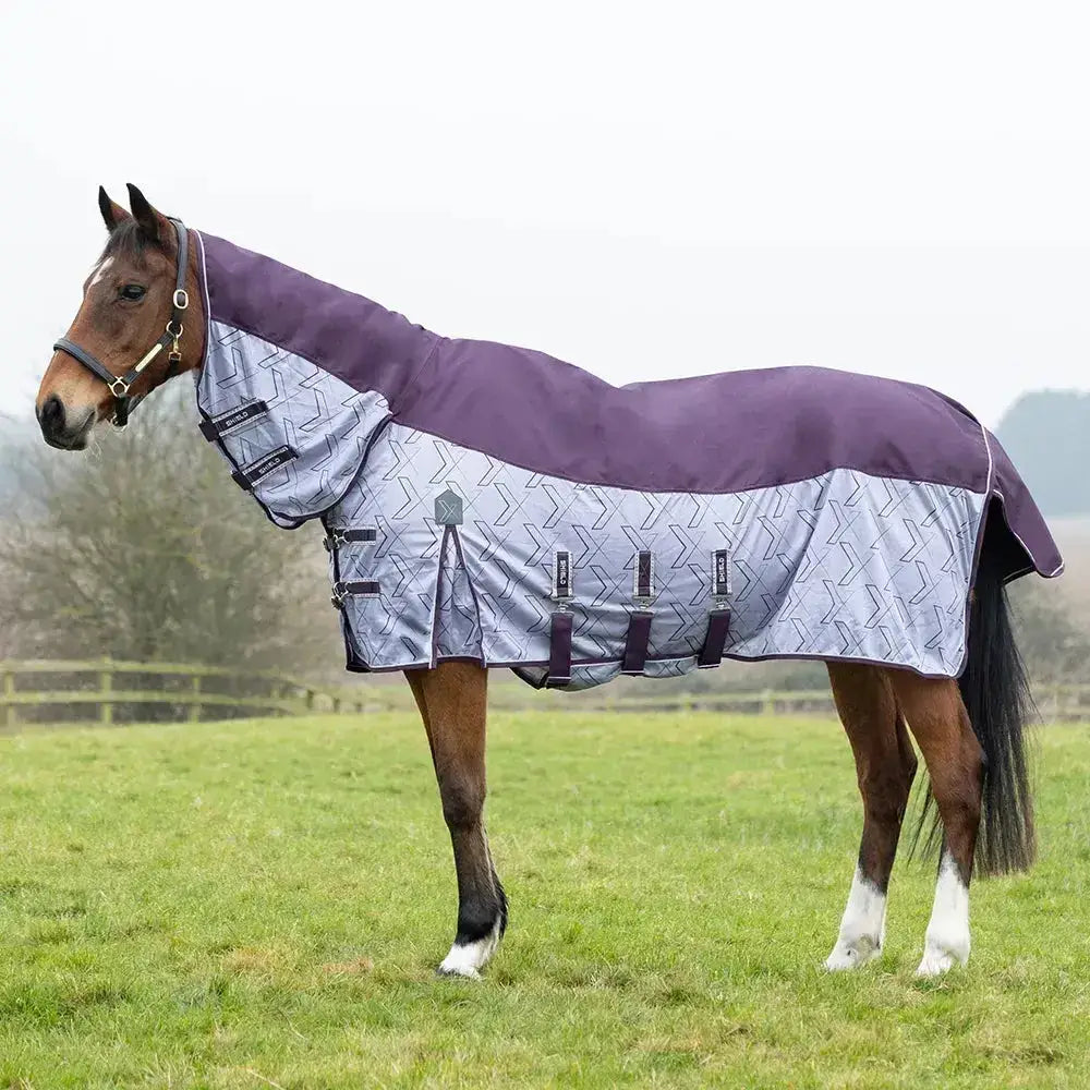 Purple and grey patterned stormx empra quagga shield waterproof fly rug with black straps for horse protection