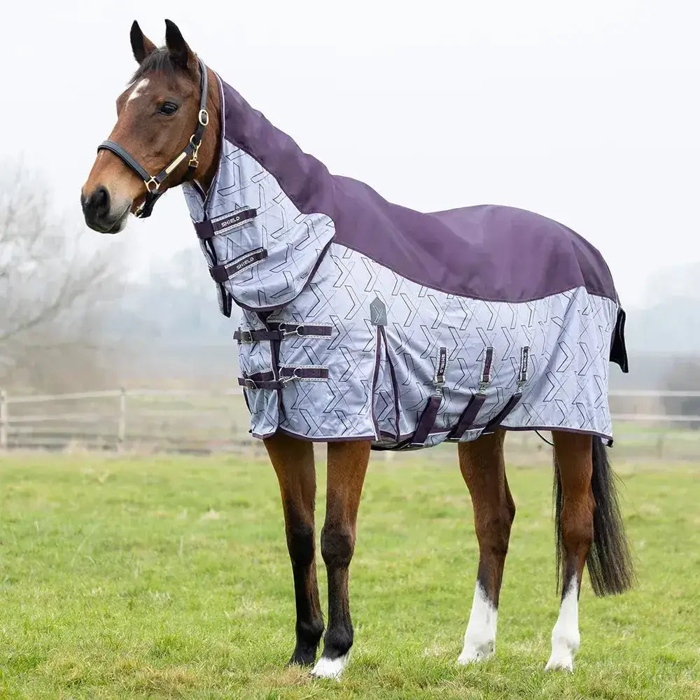 Purple and light gray patterned stormx empra quagga shield waterproof fly rug with black straps for horses