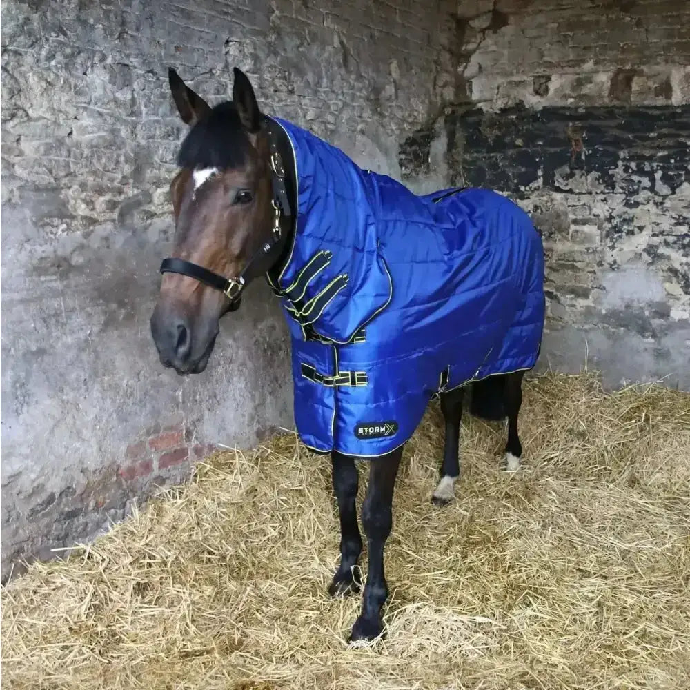 Bright blue stormx original 100 combi stable rug with black and yellow trim lightweight stable rug for horses