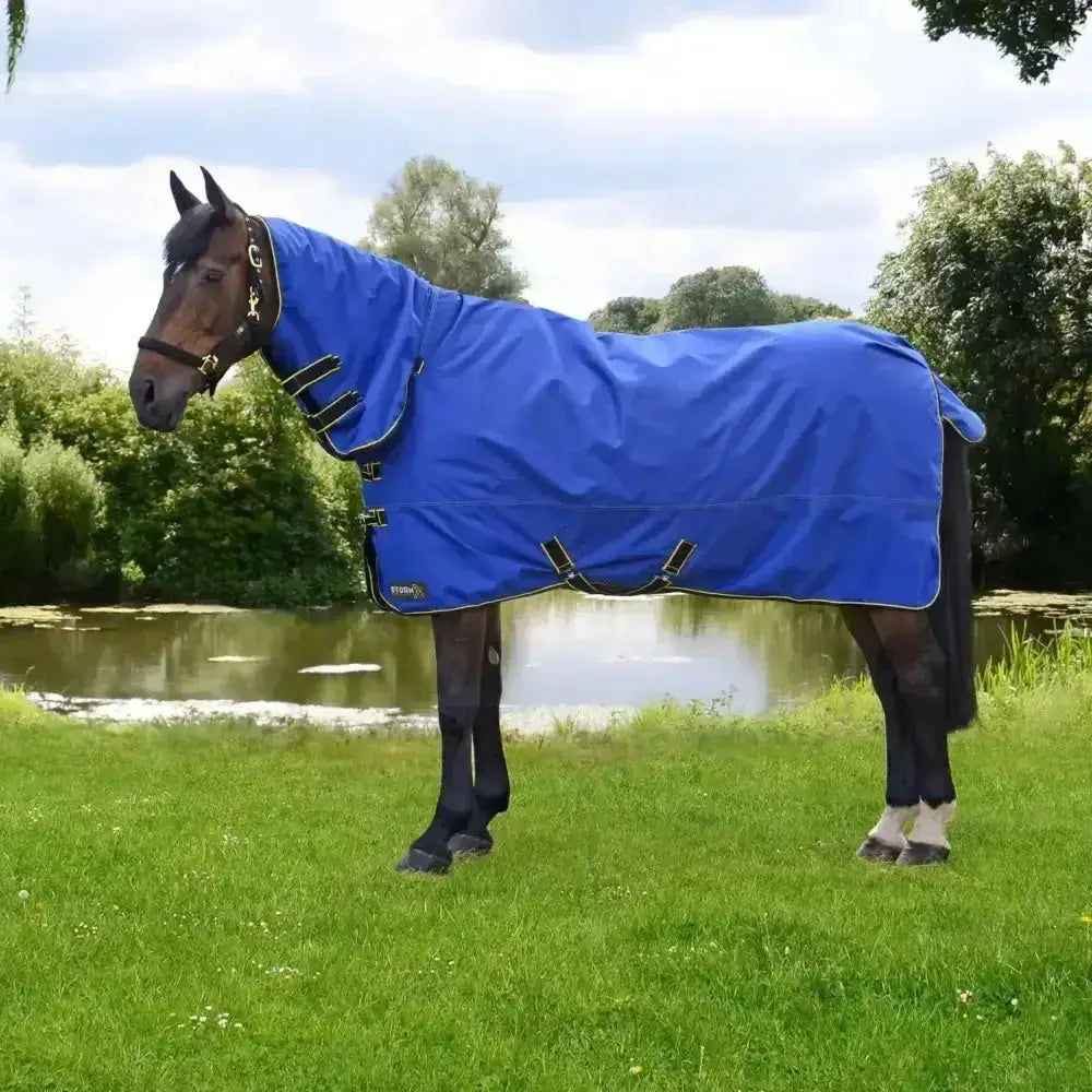 Bright blue stormx original combi turnout rug with black trim and adjustable straps made from denier waterproof outer