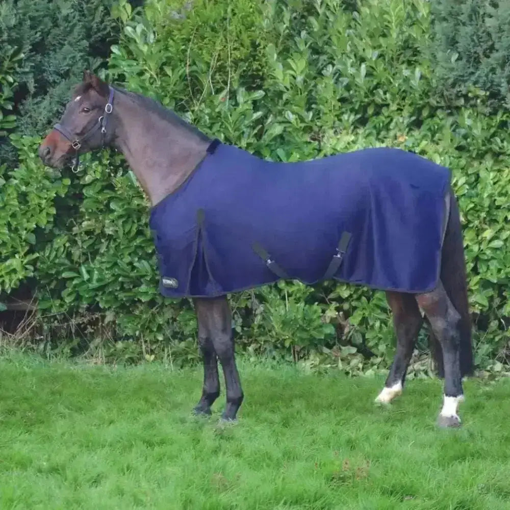 Navy blue stormx original comfort cotton sheet horse blanket with black straps and smooth padded texture