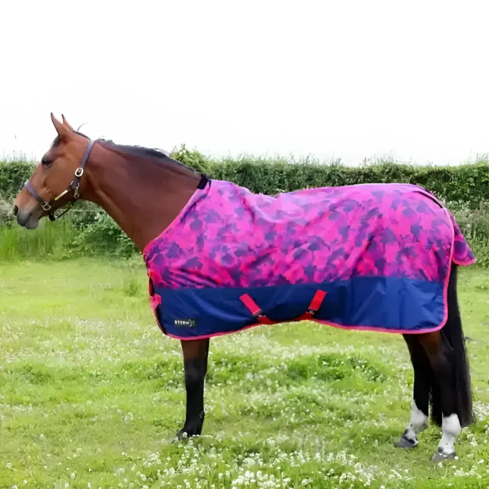Vibrant pink and navy blue stormx original dynaforce 100g turnout horse blanket with floral pattern and red straps