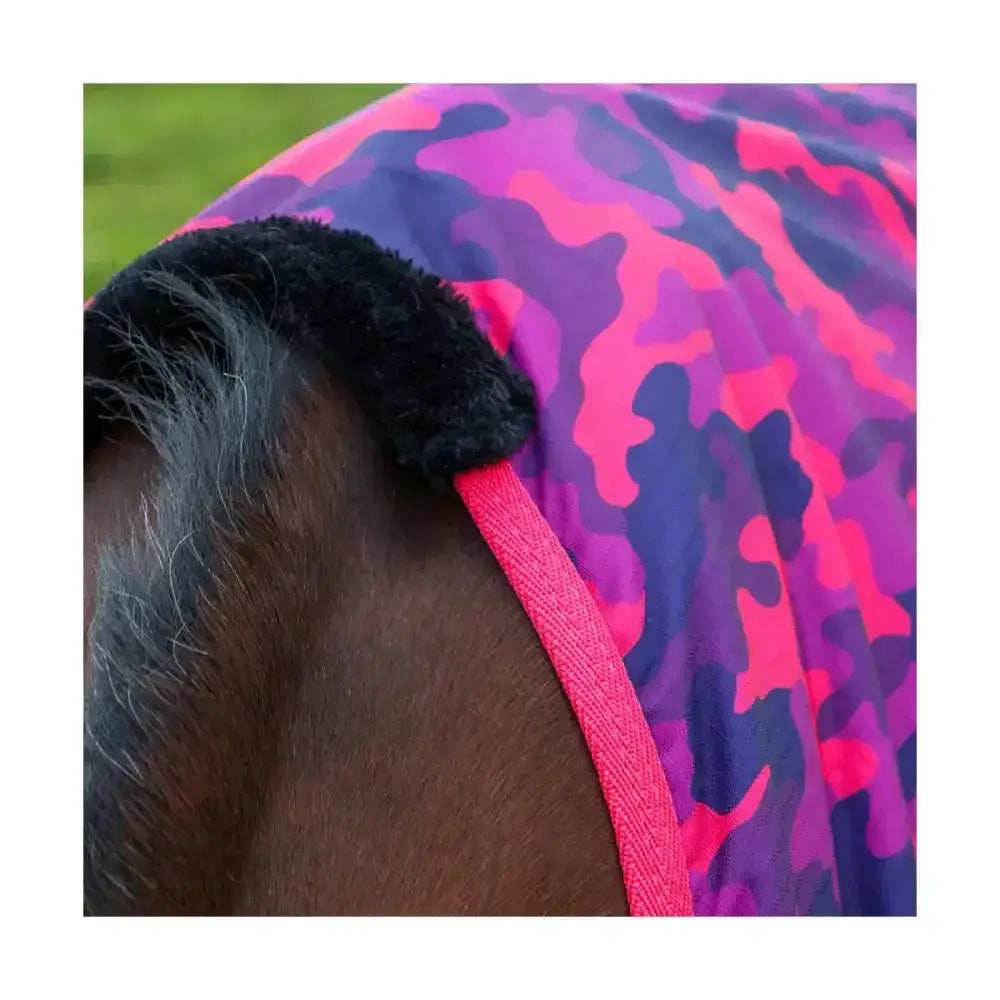 Vibrant pink and purple camouflage stormx original dynaforce 100g turnout horse blanket with soft black fleece trim