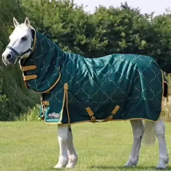 Teal quilted stormx original elegant stirrup bit 200g medium turnout rug with gold trim and adjustable straps