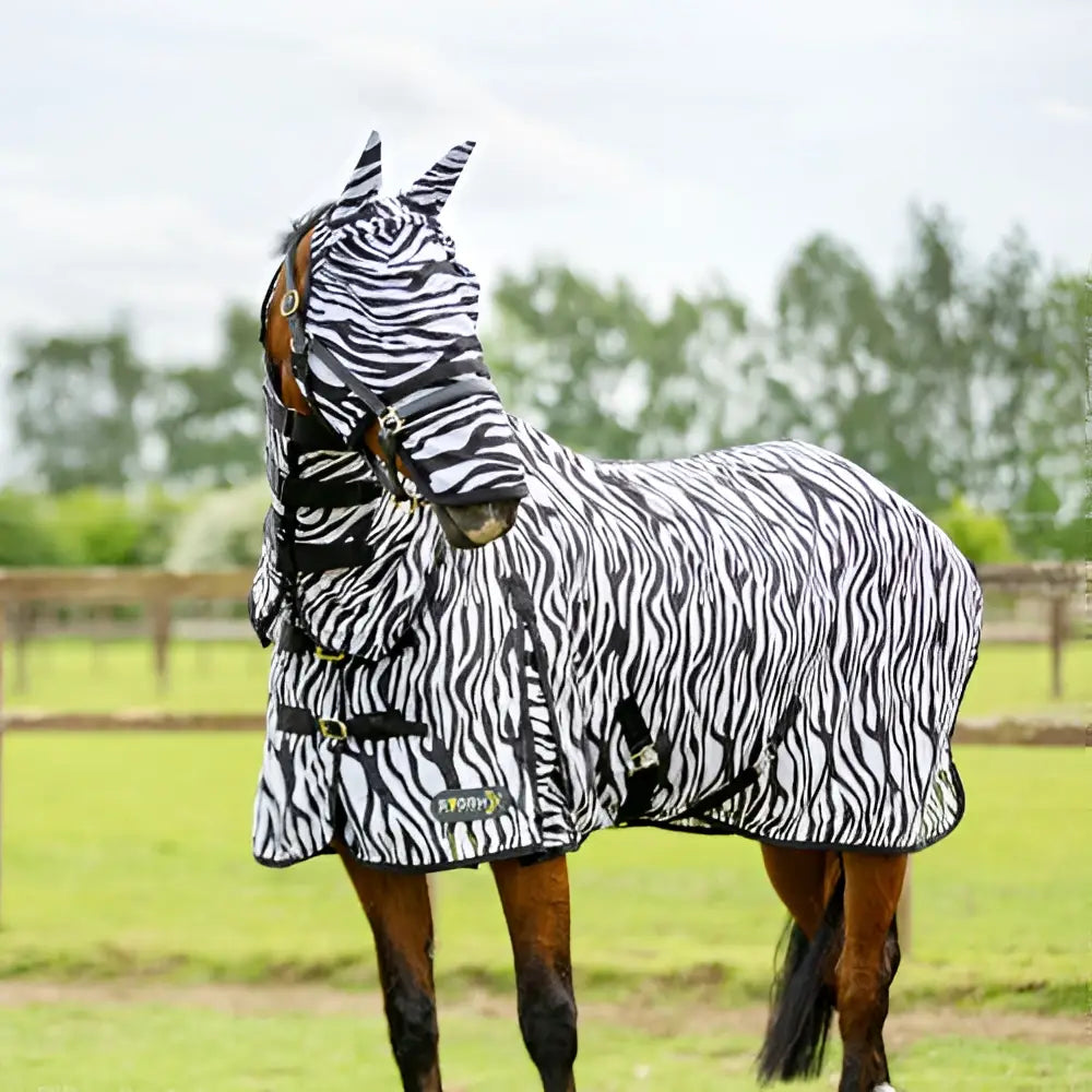 Stormx original zebra print fly rug is a black and white zebra print horse blanket with matching hood and adjustable straps