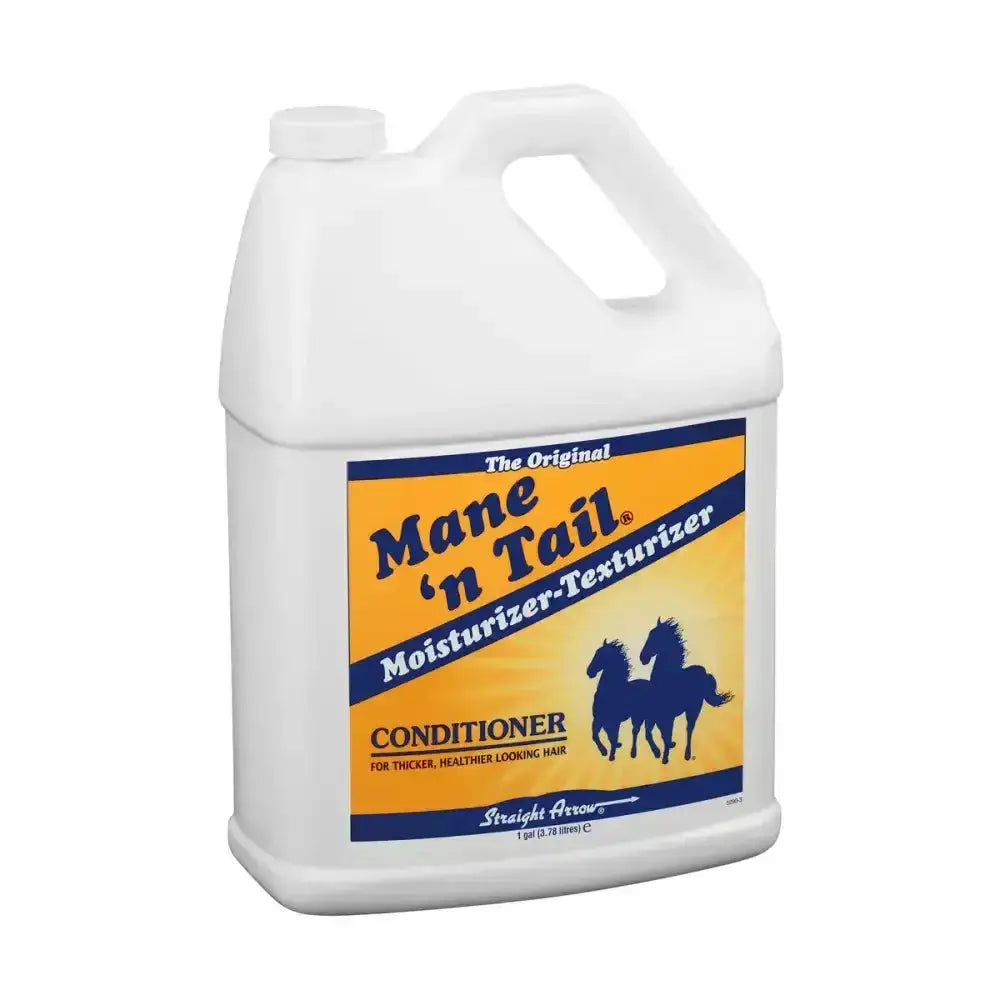 White plastic jug of straight arrow mane n tail conditioner with yellow and blue label showing two horse silhouettes for flowing manes