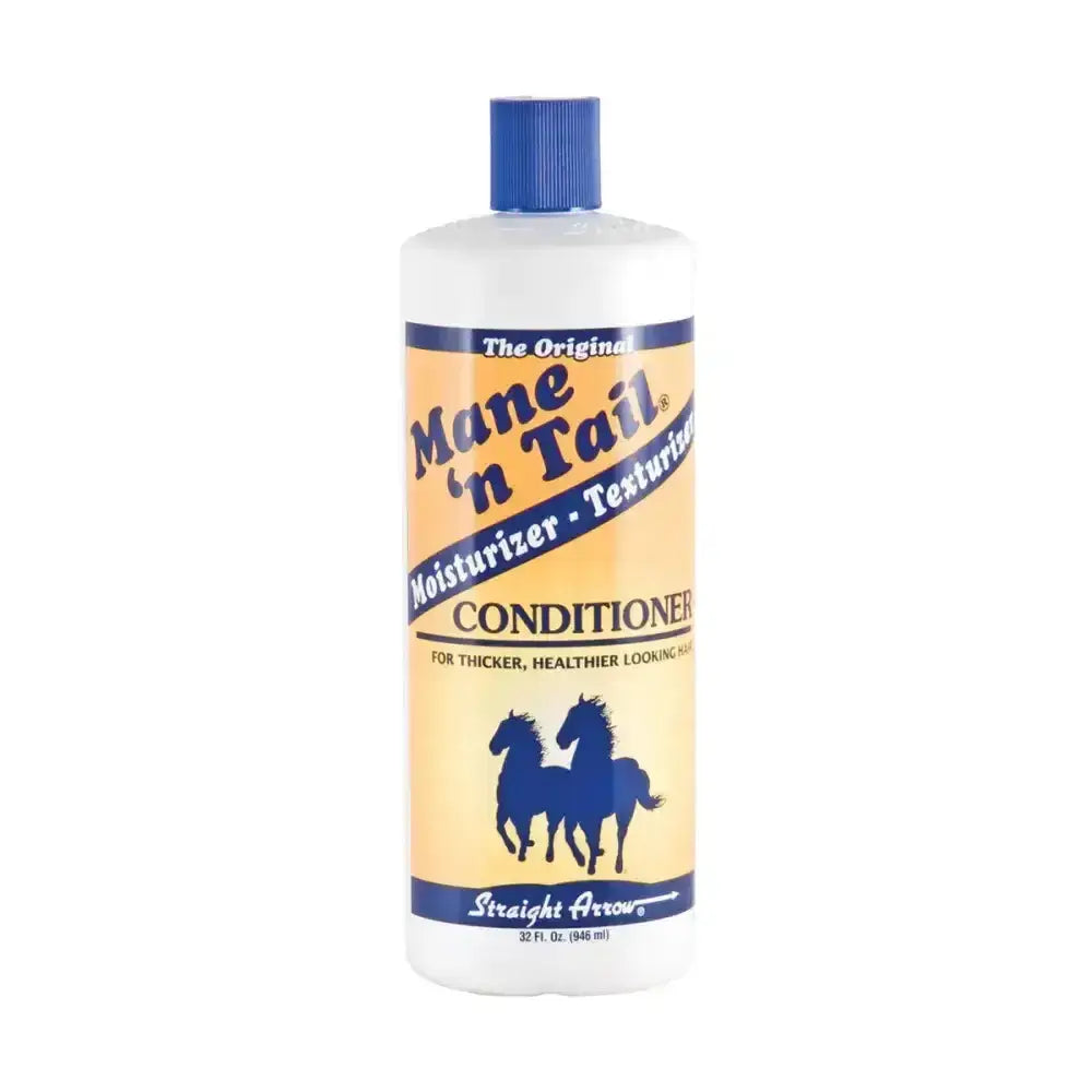 A white plastic bottle with blue cap and yellow label showing straight arrow mane n tail conditioner for thicker flowing manes