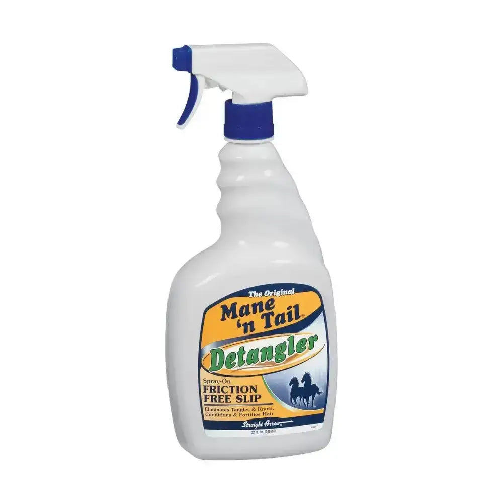 White plastic spray bottle with blue trigger labeled straight arrow mane n tail detangler for easy hair grooming