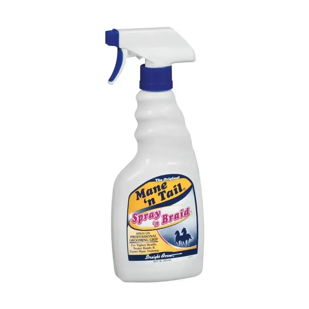 White plastic spray bottle with blue trigger labeled mane n tail spray n braid for straight arrow mane easier mane training