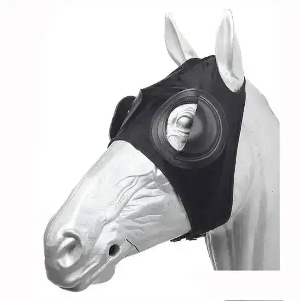 Black horse fly mask stretch race hood with circular eye openings and adjustable straps for clear horse’s vision