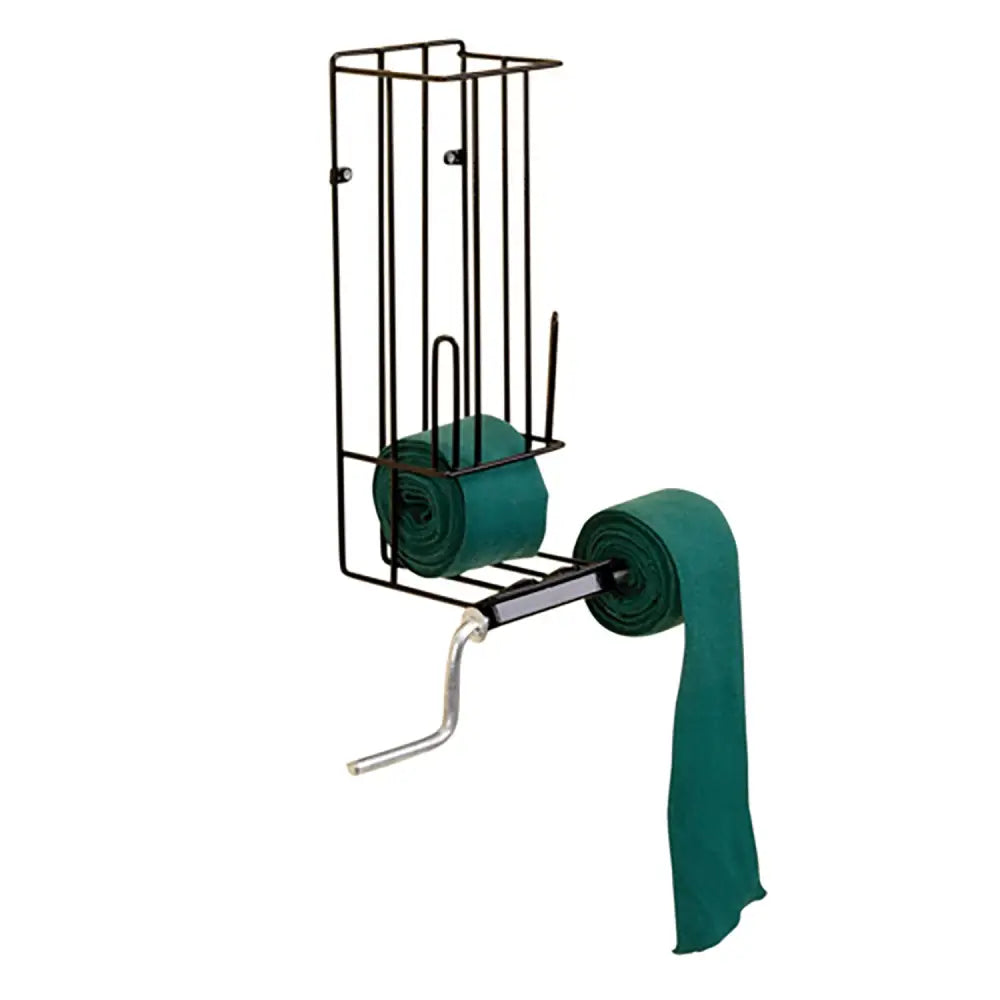 Black metal wall-mounted stubbs bandage station s1191 holding two green fabric rolls with one dispensing a long strip