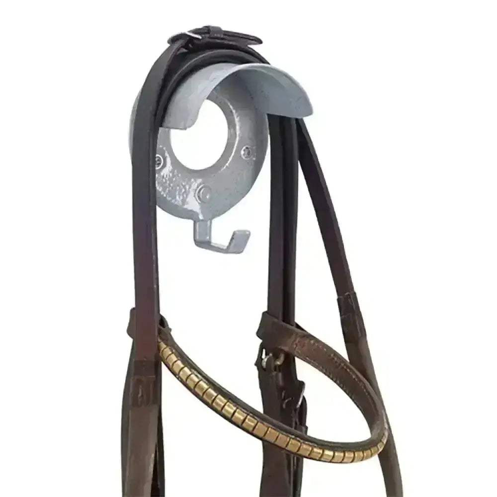 Brown leather horse bridle with gold metallic browband featuring stubbs bridle brackets and hooks outstanding model