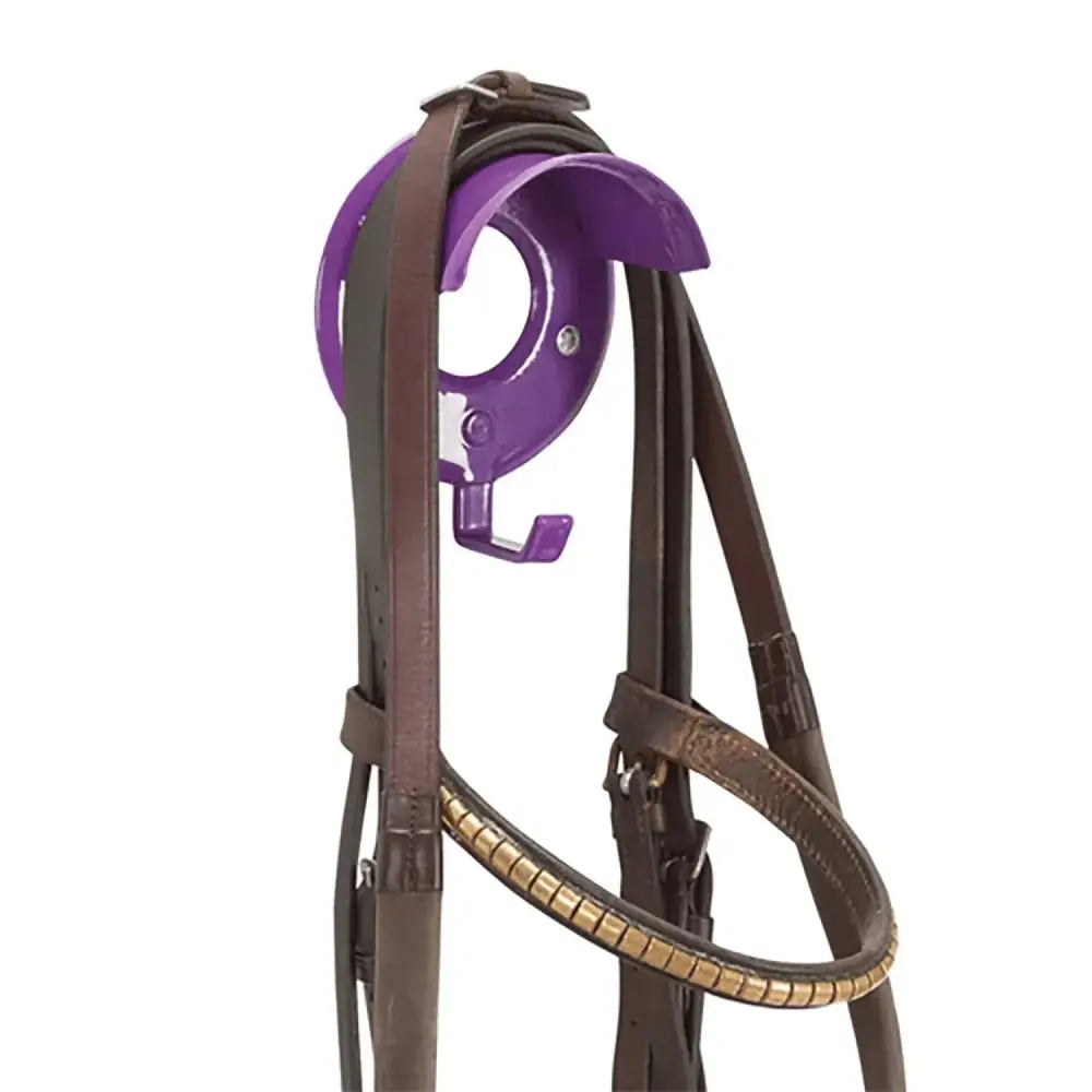 Brown leather horse bridle with purple plastic headpiece and gold metal stubbs bridle brackets with hooks outstanding model